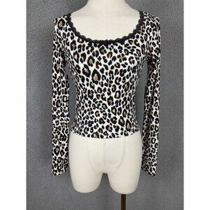 Just Polly Juniors' Leopard Print Ribbed Long Sleeve Top Lace Trim  Small NWT's.
